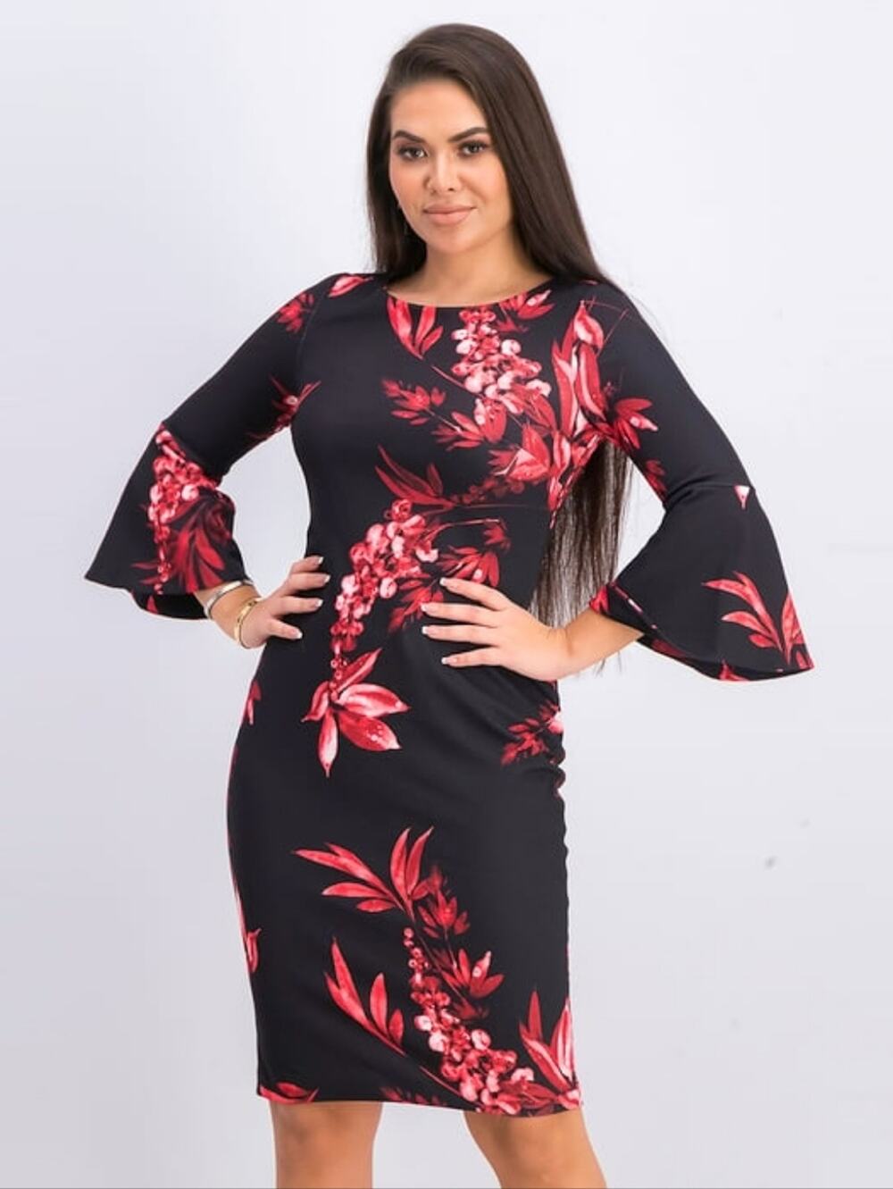 CALVIN KLEIN Black And Red Floral Print Bell Sleeve Sheath Dress Wedding Size 10